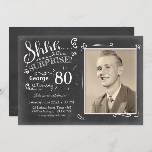 Invitation d'anniversaire surprise 80 Chalkboard R (Devant / Derrière)