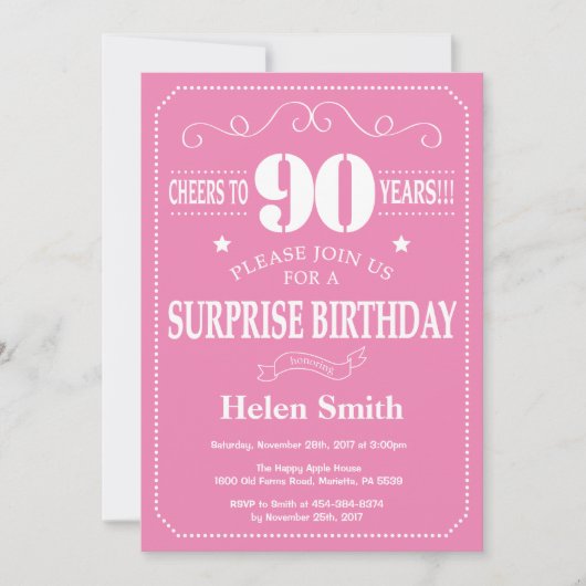 Invitation d'anniversaire surprise 90 ans rose et (Devant)