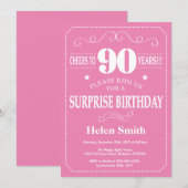 Invitation d'anniversaire surprise 90 ans rose et (Devant / Derrière)
