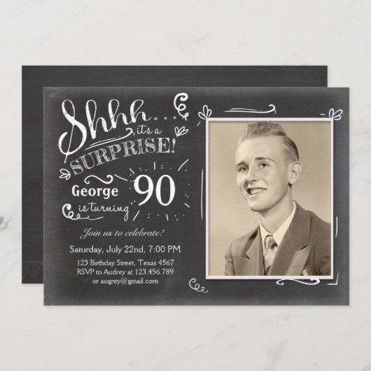Invitation d'anniversaire surprise 90 Chalkboard R (Devant / Derrière)