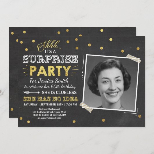 Invitation d'anniversaire surprise Chalkboard Gold (Devant / Derrière)