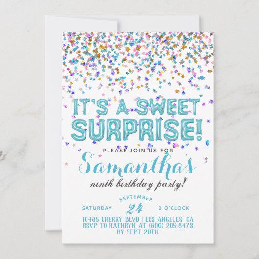 Invitation d'anniversaire surprise confetti doux (Devant)