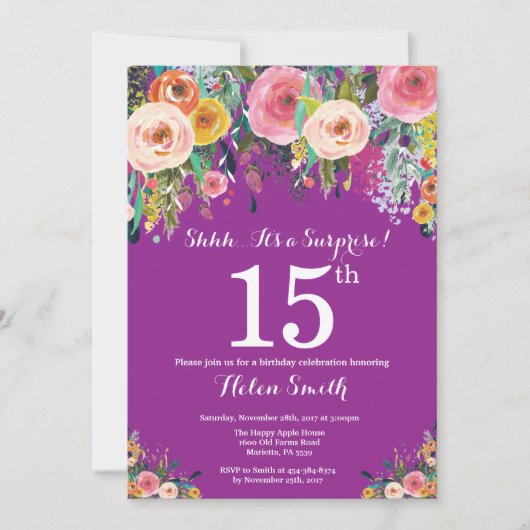 Invitation d'anniversaire surprise Fleurs Violette (Devant)