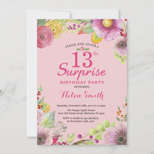 Invitation d'anniversaire surprise florale 13 ans (Devant)