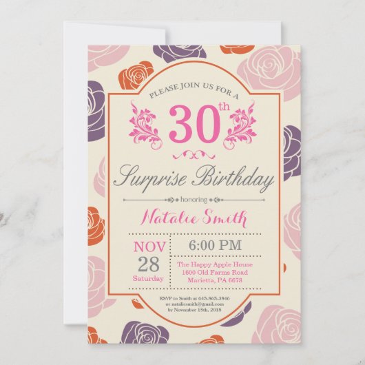 Invitation d'anniversaire surprise florale 30 ans (Devant)