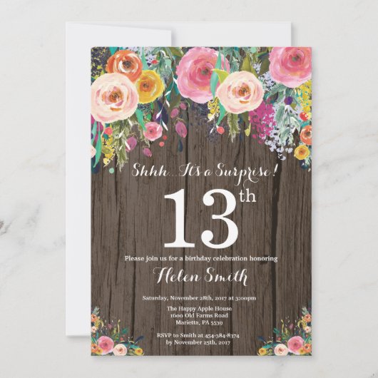 Invitation d'anniversaire surprise florale rustiqu (Devant)