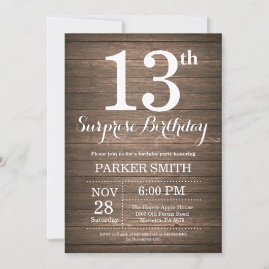 Invitation d'anniversaire surprise rustique 13 ans (Devant)