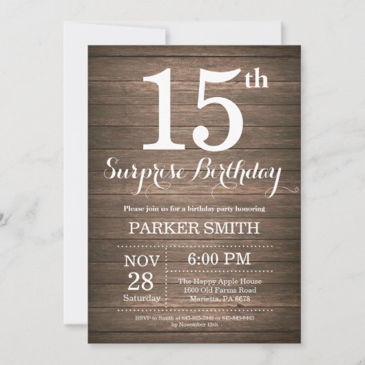 Invitation d'anniversaire surprise rustique 15 ans (Devant)