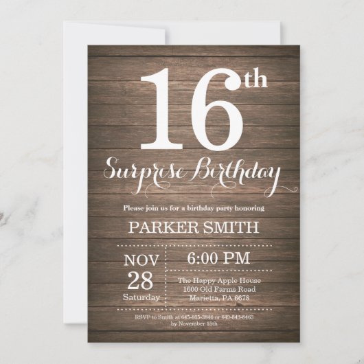 Invitation d'anniversaire surprise rustique 16 ans (Devant)