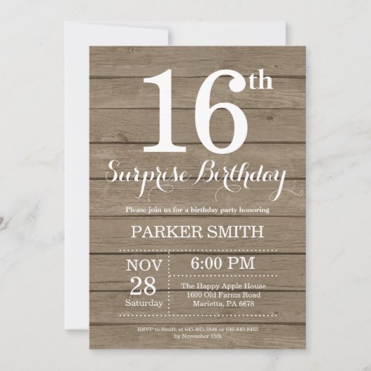 Invitation d'anniversaire surprise rustique 16 ans (Devant)