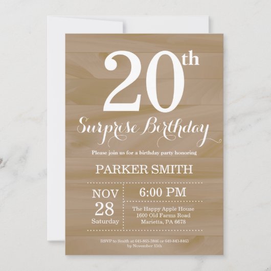 Invitation d'anniversaire surprise rustique 20 ans (Devant)