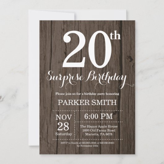 Invitation d'anniversaire surprise rustique 20 ans (Devant)
