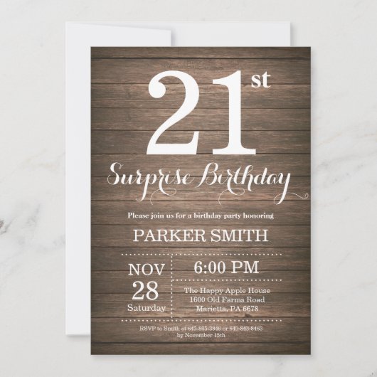 Invitation d'anniversaire surprise rustique 21 ans (Devant)