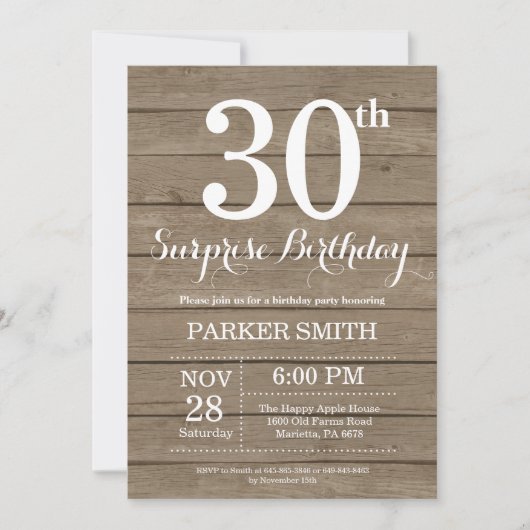 Invitation d'anniversaire surprise rustique 30 ans (Devant)