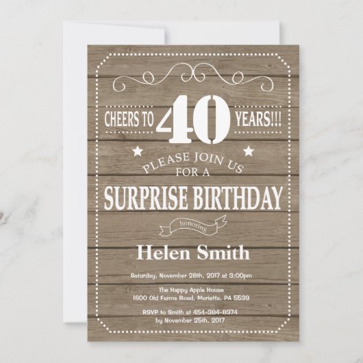 Invitation d'anniversaire surprise rustique 40 ans (Devant)