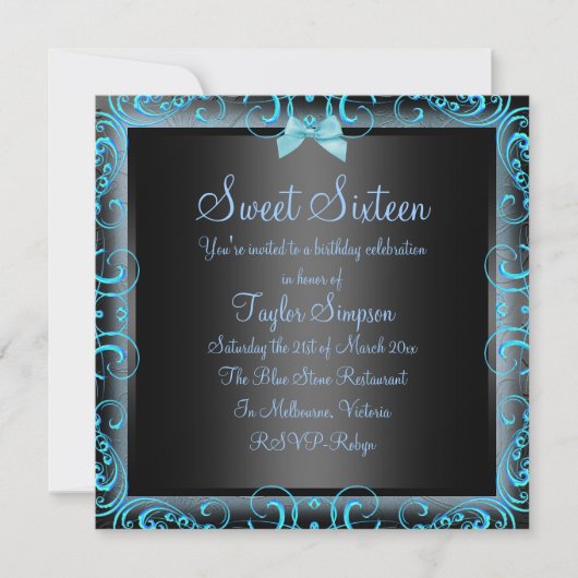 Invitation d'anniversaire Sweet16 avec ruban et ca (Devant)