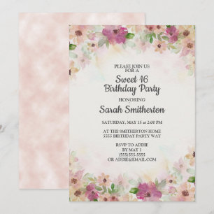 Invitation d'anniversaire Sweet 16 aquarelle crème