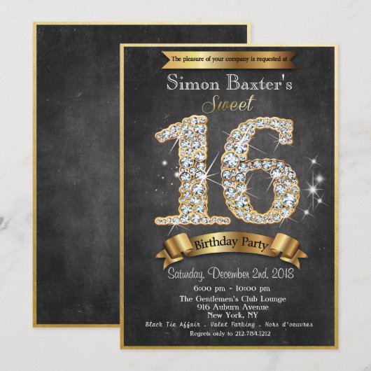 Invitation d'anniversaire Sweet 16 or diamant (Devant / Derrière)