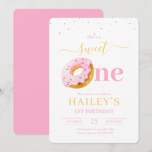 Invitation d'anniversaire Sweet One Donuts, 1er an (Devant / Derrière)