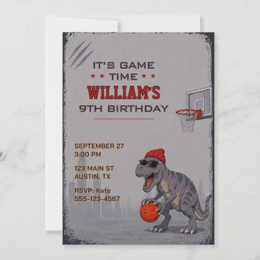 Invitation d'anniversaire T-Rex Basketball (Devant)