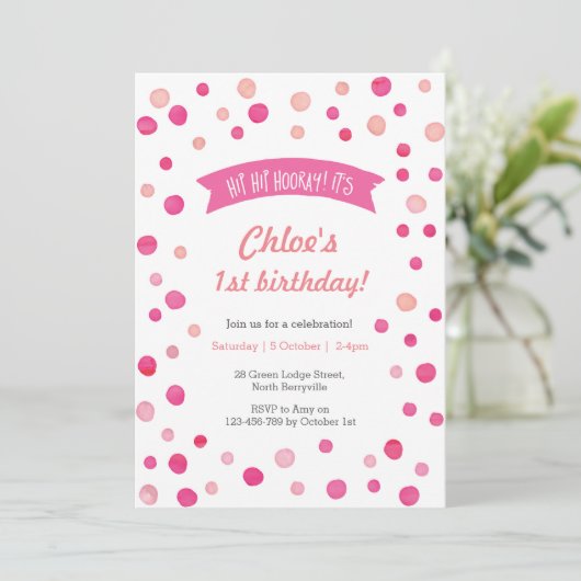 Invitation d'anniversaire | Taches de confetti ros (Debout devant)