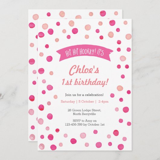 Invitation d'anniversaire | Taches de confetti ros (Devant / Derrière)