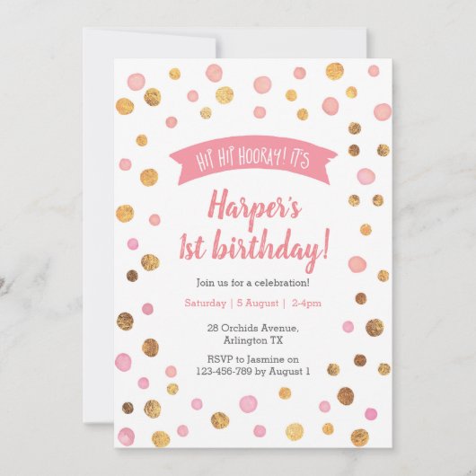 Invitation d'anniversaire | Taches de confetti ros (Devant)