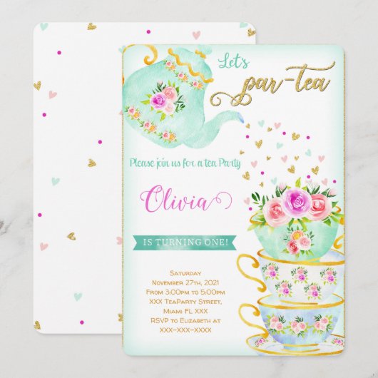 Invitation d'anniversaire Tea Party (Devant / Derrière)