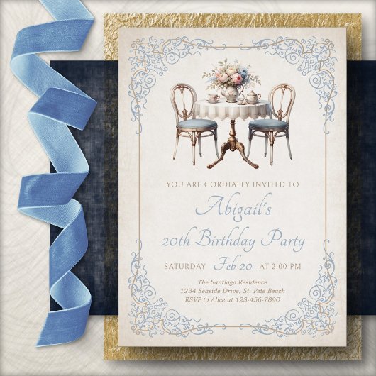Invitation d'anniversaire Tea Party Bleu