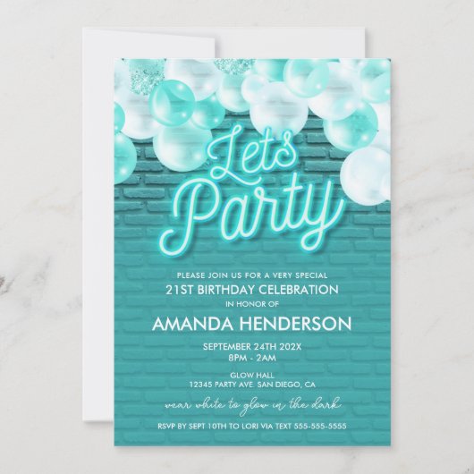 Invitation d'anniversaire Teal Let's Party Glow (Devant)
