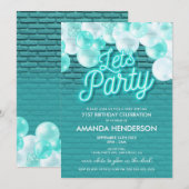 Invitation d'anniversaire Teal Let's Party Glow (Devant / Derrière)