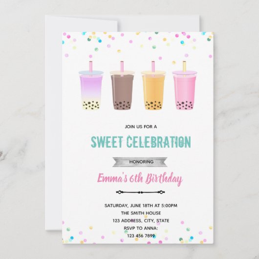 Invitation d'anniversaire thé aux perles bubble te (Devant)