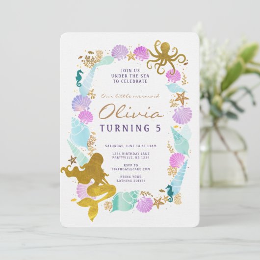 Invitation  d'anniversaire thème de sirène (Debout devant)