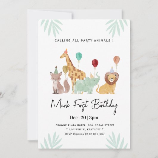 Invitation d'anniversaire thème Safari Animaux (Devant)