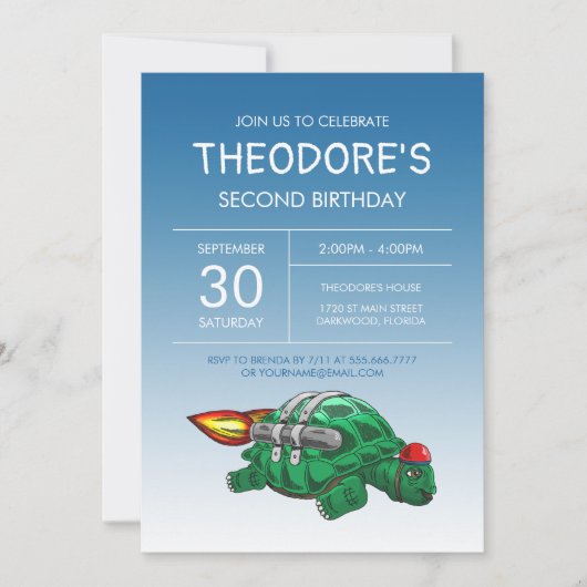 Invitation d'anniversaire Tortue Fusée Rapide (Devant)