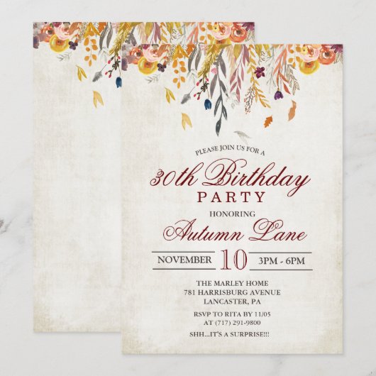 Invitation d'anniversaire TOUT ÂGE - Feuilles d'au (Devant / Derrière)