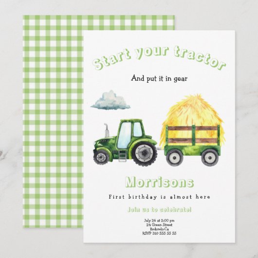 Invitation d'anniversaire Tracteur Vert (Devant / Derrière)