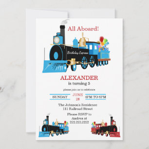Invitation d'anniversaire Train Bleu et Rouge Tout