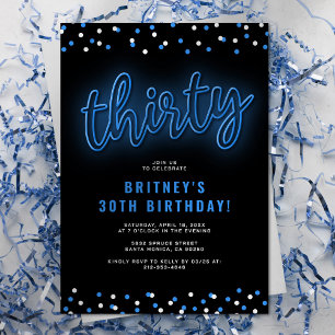 Invitation d'anniversaire trente ans néon bleu