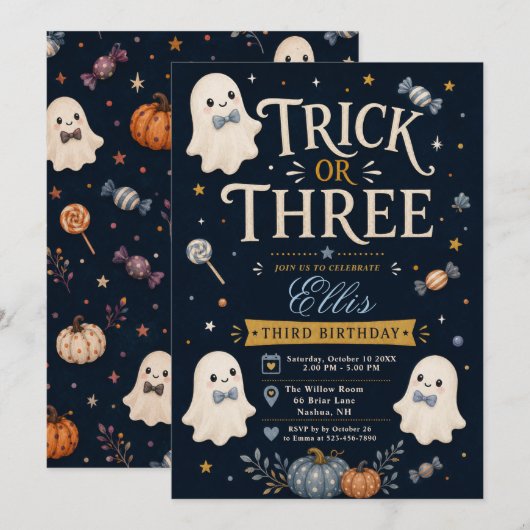 Invitation d'anniversaire Trick or Three (Devant / Derrière)