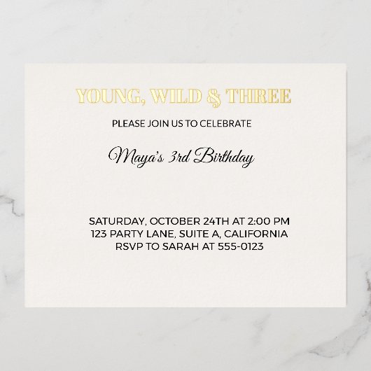 Invitation d'anniversaire trois ans Young Wild et (Recto)