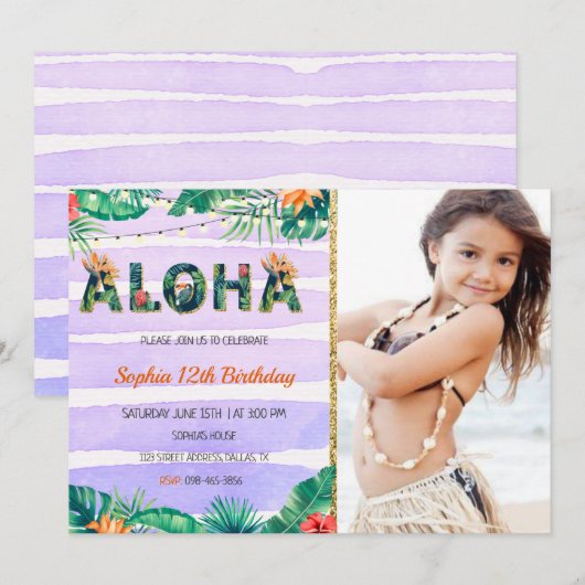 Invitation D'Anniversaire Tropical Aloha Avec Phot (Devant / Derrière)