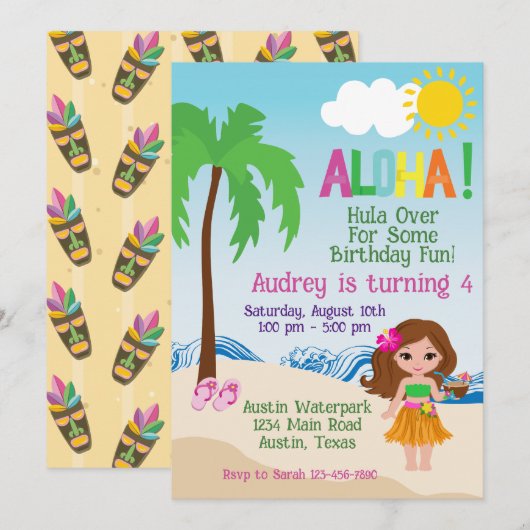 Invitation d'anniversaire Tropical Beach Aloha Lua (Devant / Derrière)