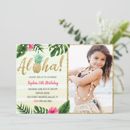 Invitation D'Anniversaire Tropical Feuille Avec Ph (Debout devant)