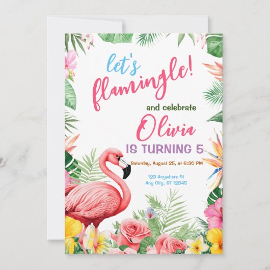 Invitation d'anniversaire tropicale flamant rose (Devant)