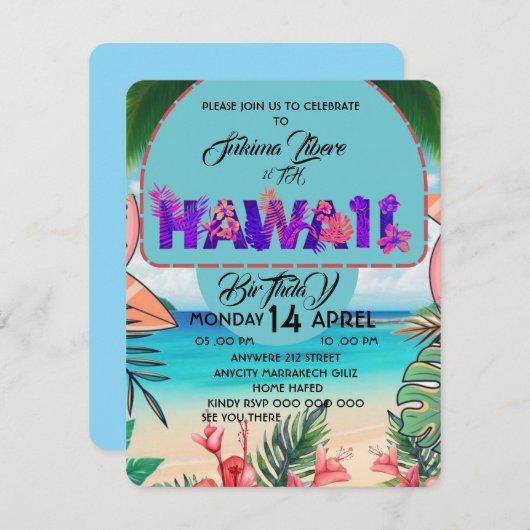 Invitation d'anniversaire tropicale Hawaii Invitat (Devant / Derrière)