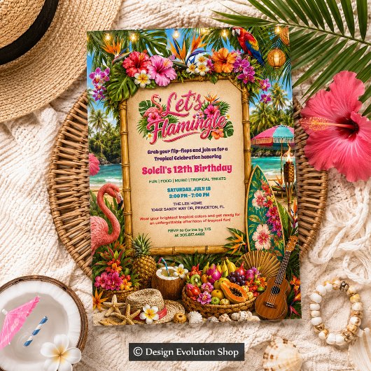Invitation d'anniversaire tropicale Luau Flamingle