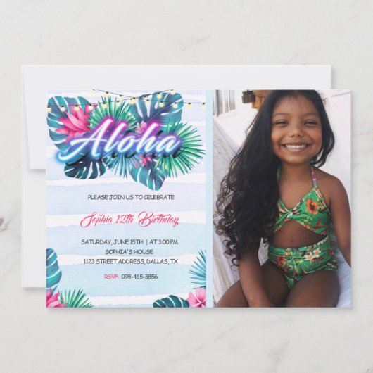 Invitation d'anniversaire tropicale Neon Aloha (Devant)