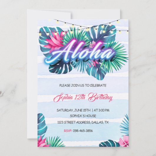 Invitation d'anniversaire tropicale Neon Aloha (Devant)