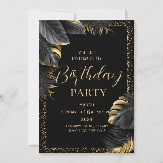 Invitation d'anniversaire tropicale Or Noir (Devant)